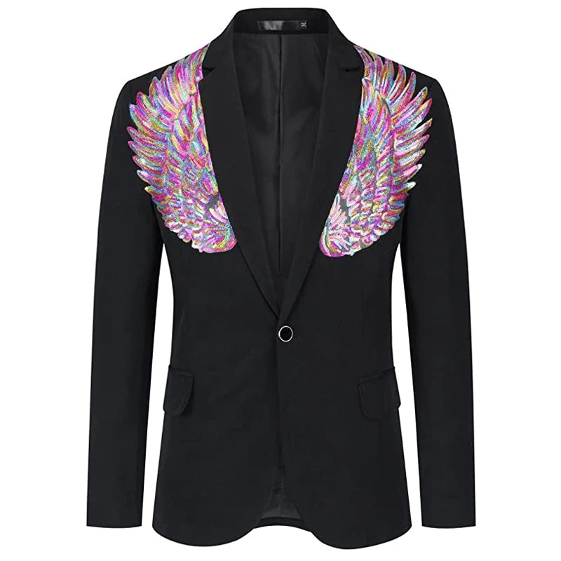 Men's Wing Sequin One Button Shawl Collar Slim Fit Wedding Party Tuxedo Blazer