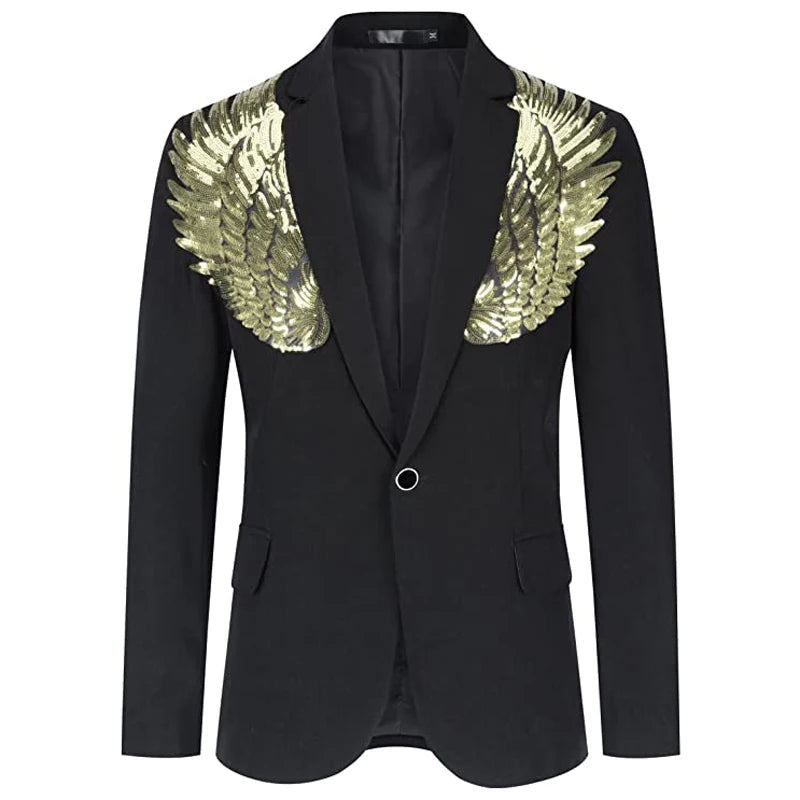 Men's Wing Sequin One Button Shawl Collar Slim Fit Wedding Party Tuxedo Blazer