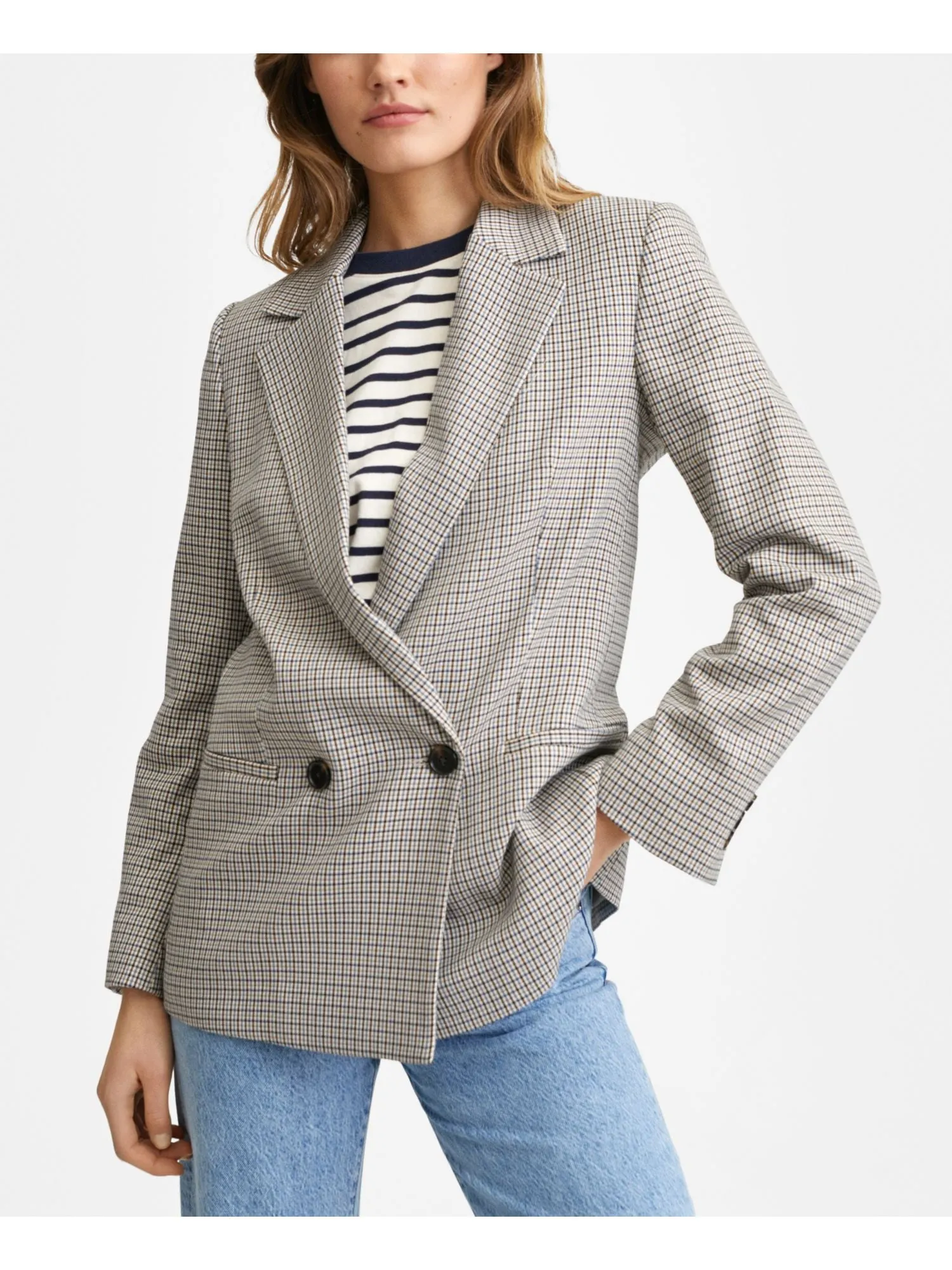 MNG Womens Beige Pocketed Double Breasted Notched-lapel Check Wear To Work Blazer Jacket