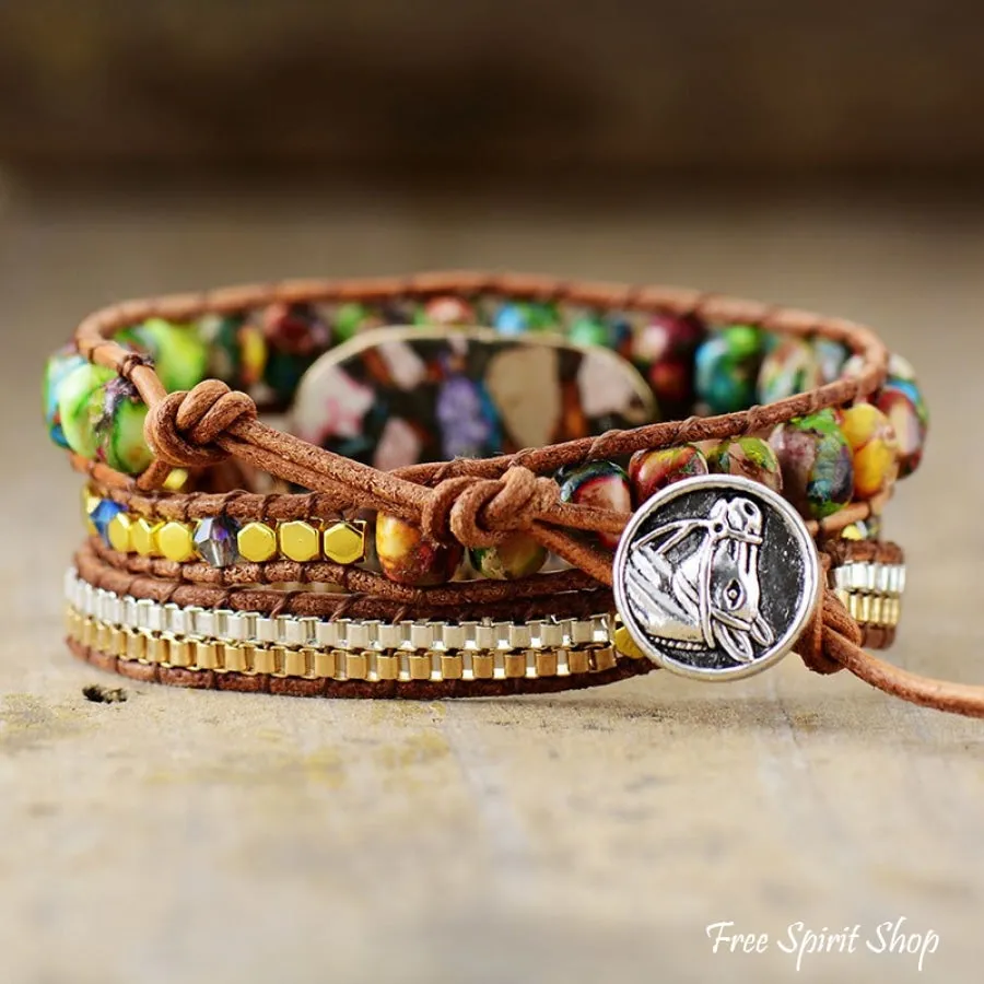 Multi-color Imperial Jasper & Chain Wrap Bracelet