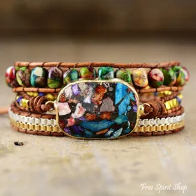 Multi-color Imperial Jasper & Chain Wrap Bracelet