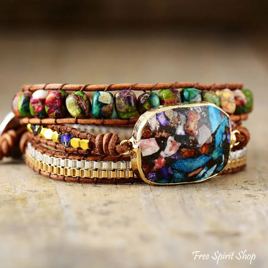 Multi-color Imperial Jasper & Chain Wrap Bracelet