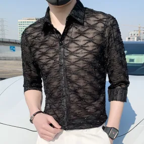 Nightclub Sexy Lace See Through Men Slim Fit Half Sleeve Casual Shirt Social Party Tuxedo Stage