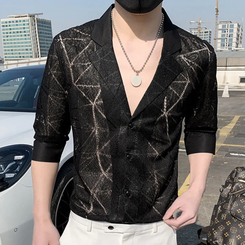 Nightclub Sexy Lace See Through Men Slim Fit Half Sleeve Casual Shirt Social Party Tuxedo Stage