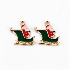 Pendants, Christmas Sleigh, With Santa, Green, White, Red, Enameled, Light Gold, Alloy, 18mm