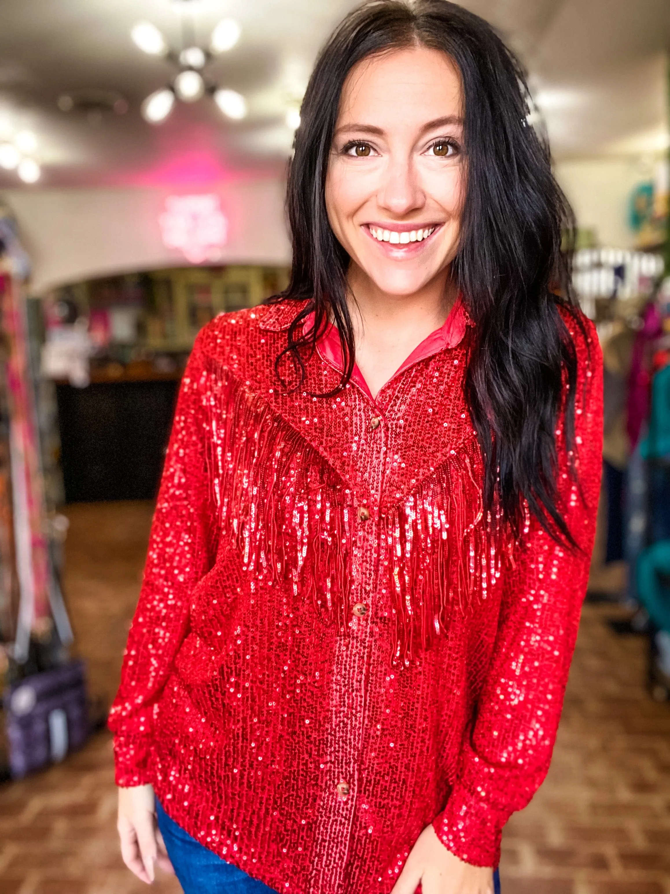 Red Hot Sequin Fringe Top