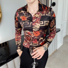 Red Luxury Print Clothing Designer Floral Long Sleeve Shirt for Men on Clearance