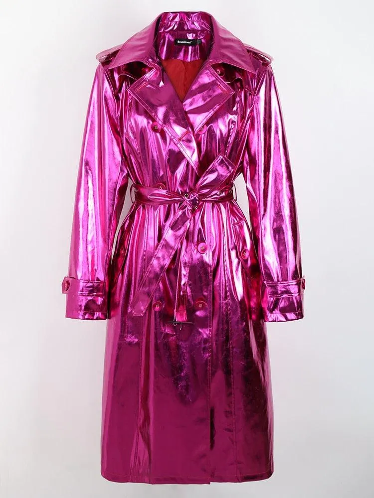 Reflective Patent Leather Trench Coat for Women with Sash and Double Breasted Design