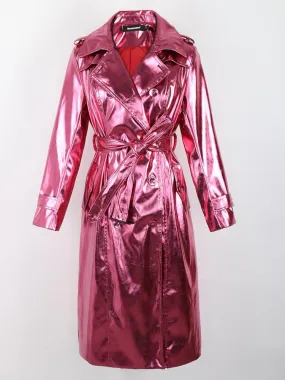 Reflective Patent Leather Trench Coat for Women with Sash and Double Breasted Design