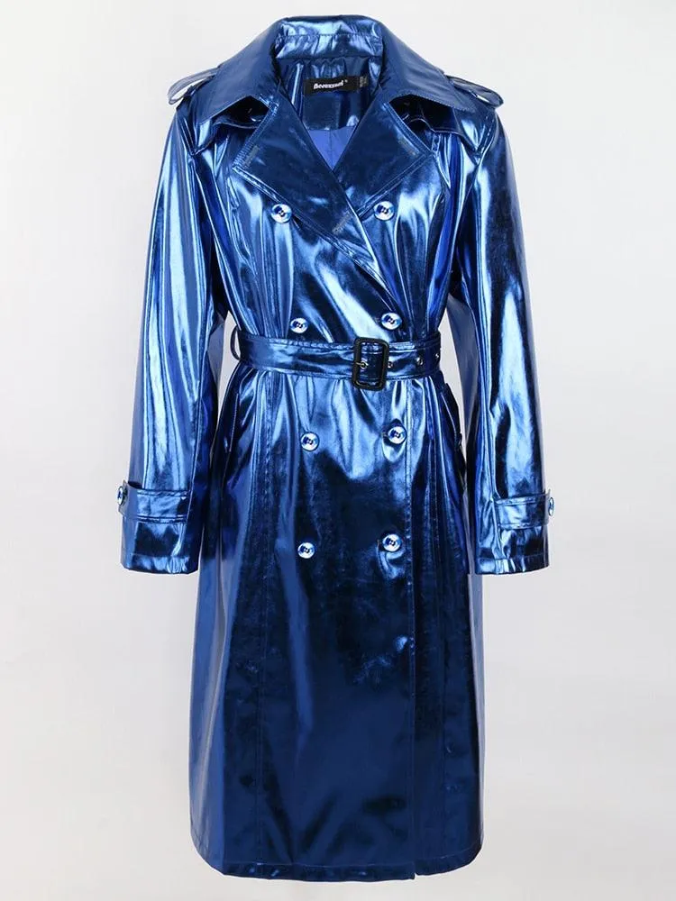 Reflective Patent Leather Trench Coat for Women with Sash and Double Breasted Design