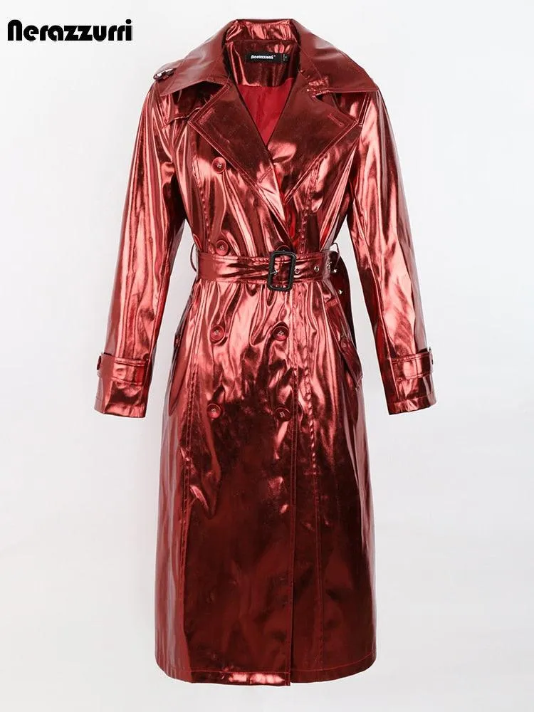 Reflective Patent Leather Trench Coat for Women with Sash and Double Breasted Design