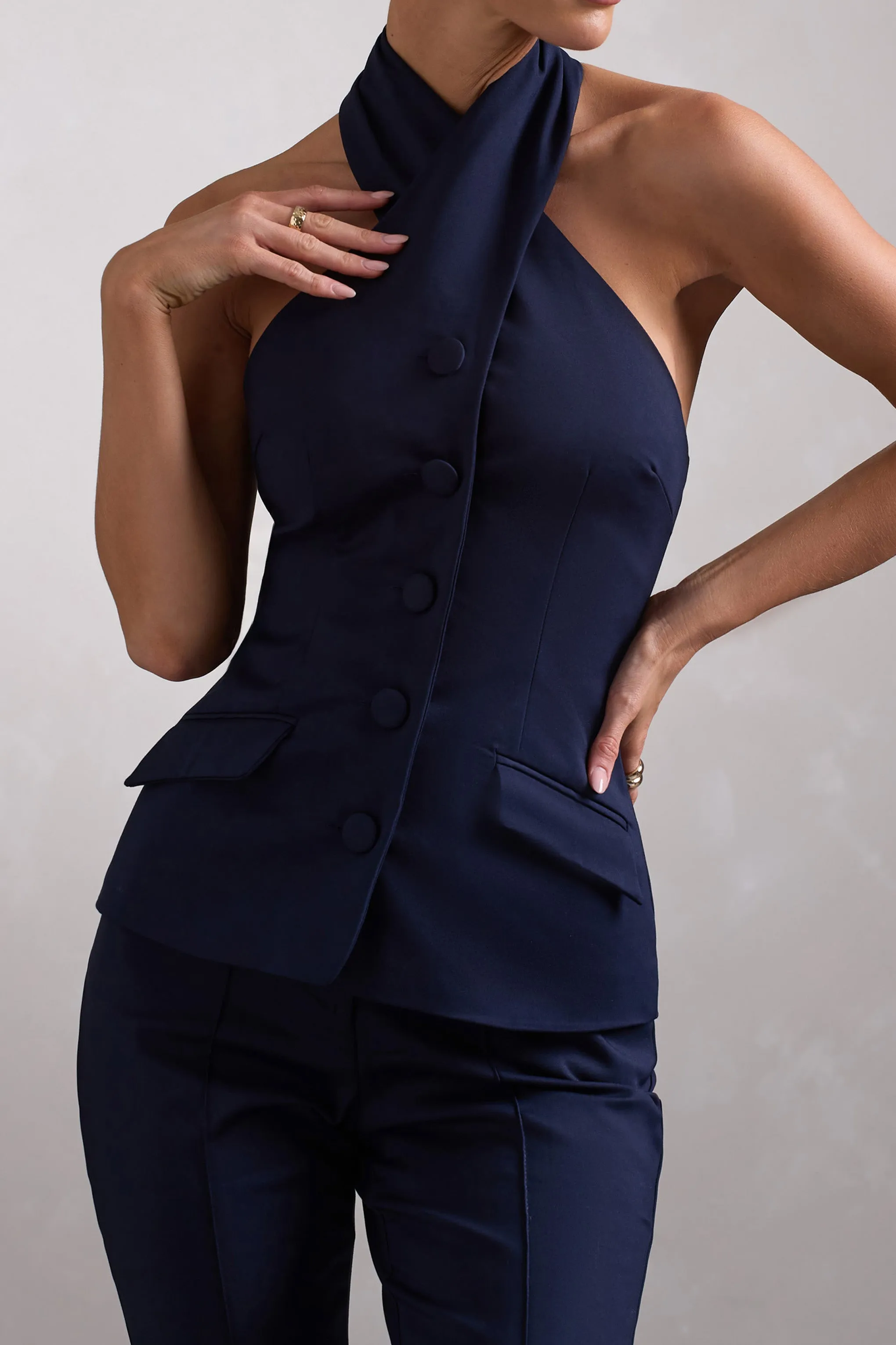 Remi | Navy Cross Halter Neck Tailored Sleeveless Blazer Top