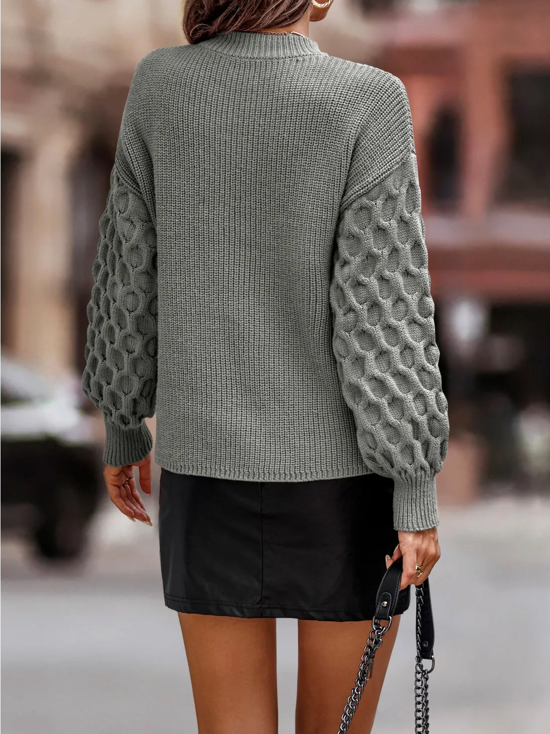 Ribbed Knit Honeycomb Sleeve Crew Neck Sweater