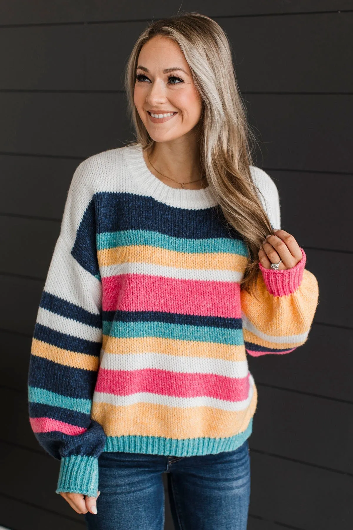 Romantic Heart Striped Sweater- Navy, Pink, & Ivory