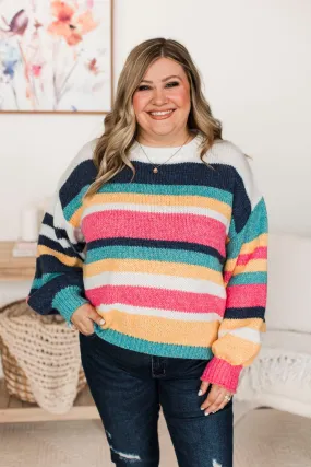 Romantic Heart Striped Sweater- Navy, Pink, & Ivory