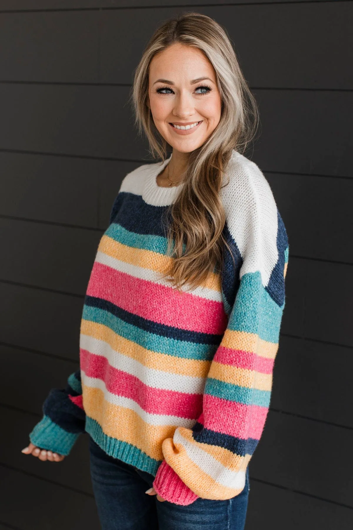 Romantic Heart Striped Sweater- Navy, Pink, & Ivory