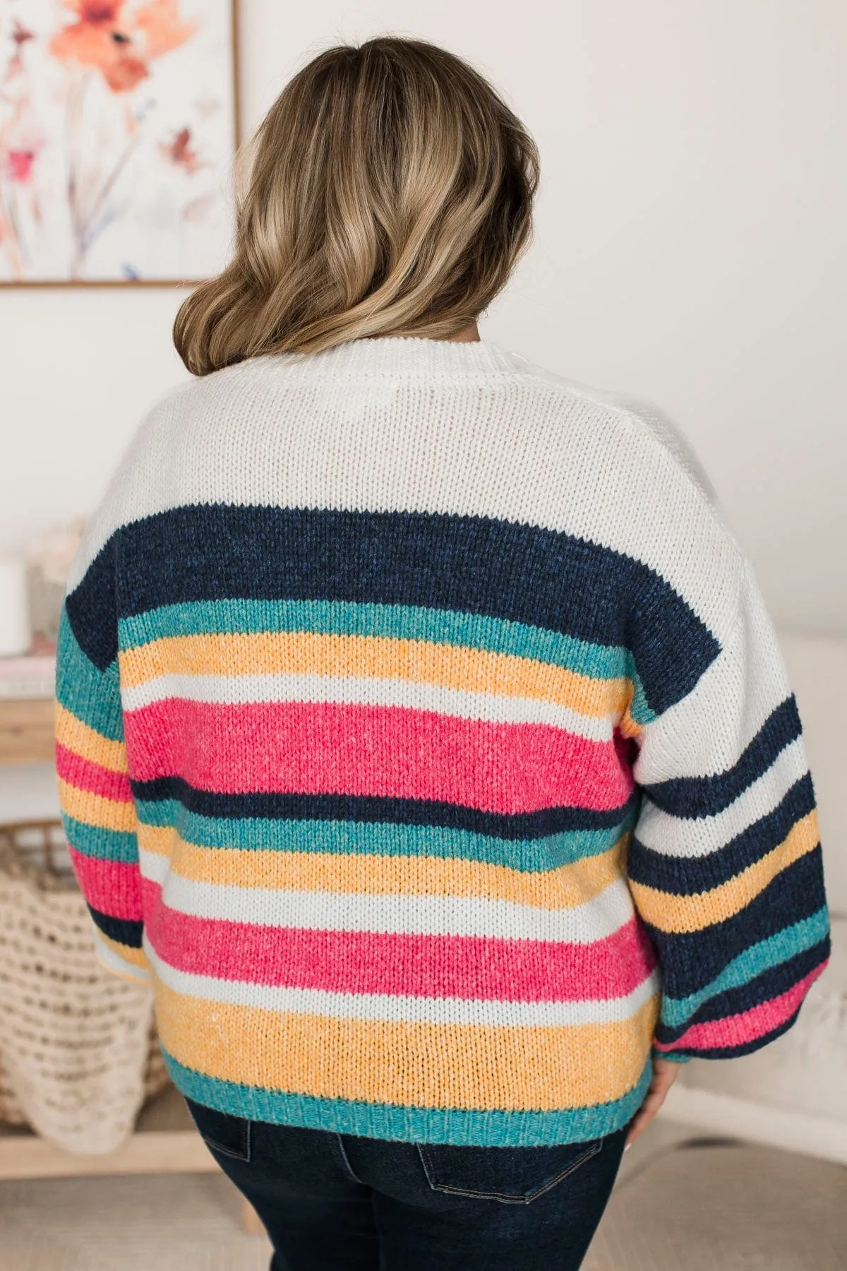 Romantic Heart Striped Sweater- Navy, Pink, & Ivory