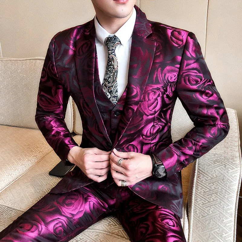 Rose Pink Smoking Uomo Grooms Jacket Vest Pant Suit Men Business Tuxedos Slim Fit Club Party Prom