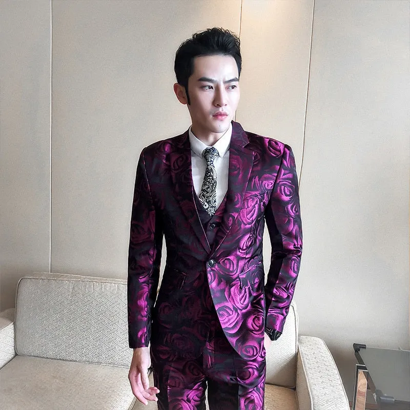 Rose Pink Smoking Uomo Grooms Jacket Vest Pant Suit Men Business Tuxedos Slim Fit Club Party Prom