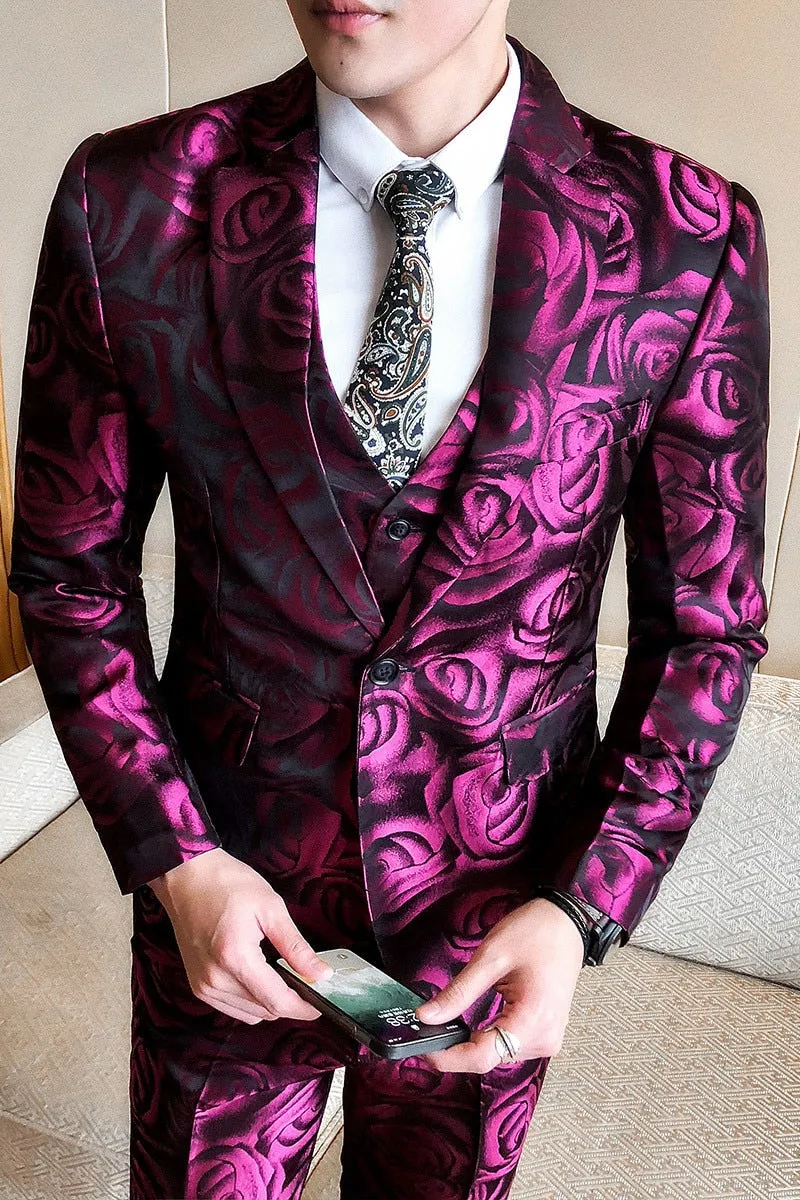 Rose Pink Smoking Uomo Grooms Jacket Vest Pant Suit Men Business Tuxedos Slim Fit Club Party Prom