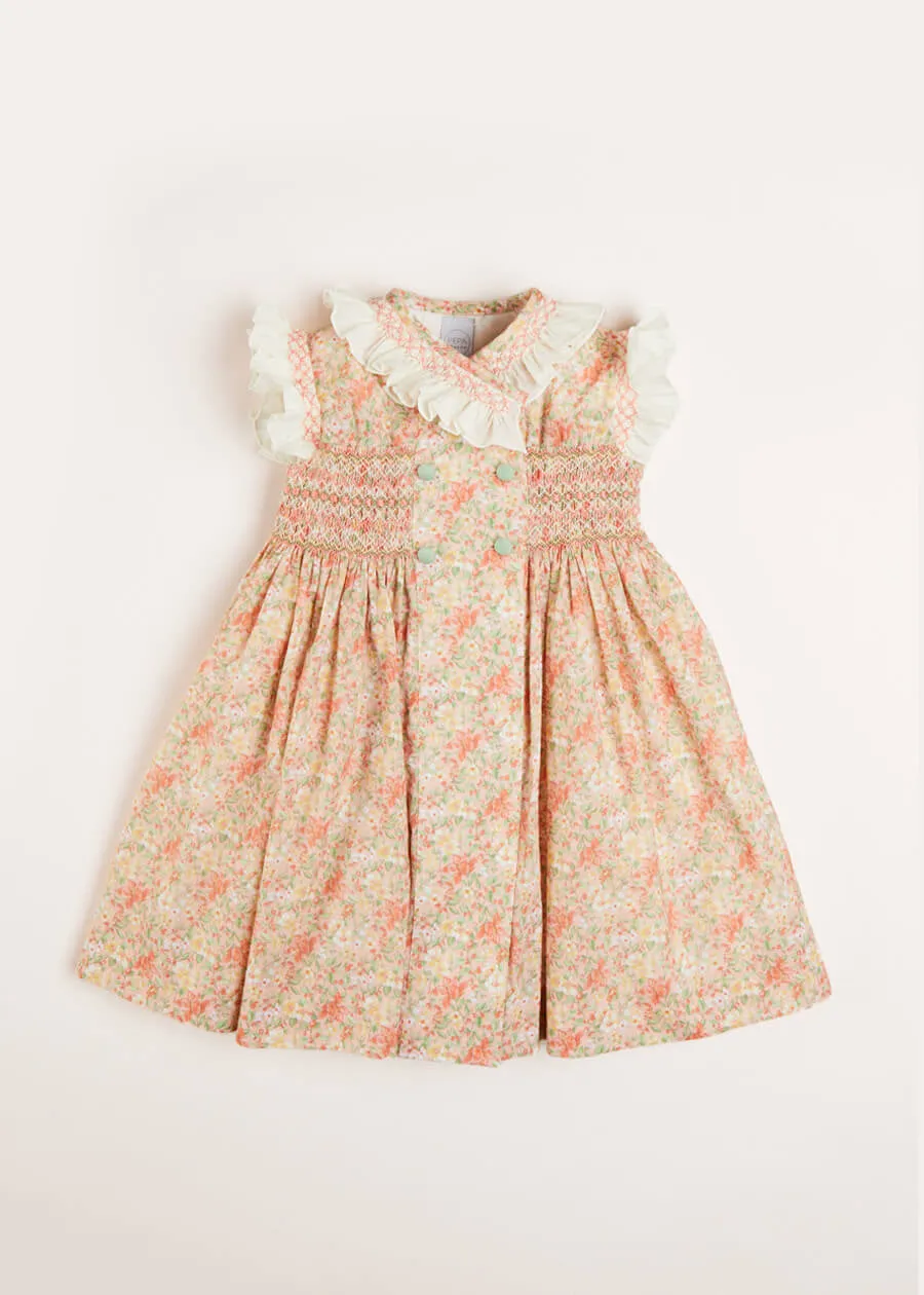 Sophie Floral Print Handsmocked Double Breasted Dress in Peach (12mths-10yrs)