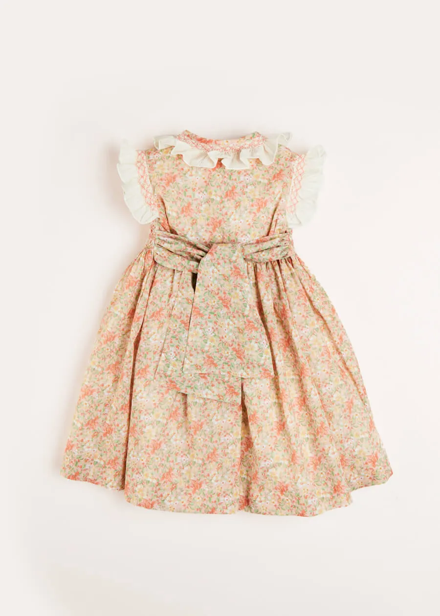 Sophie Floral Print Handsmocked Double Breasted Dress in Peach (12mths-10yrs)