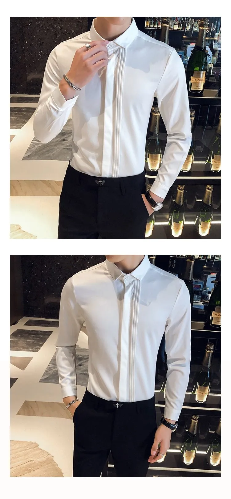 Spring Simple Fashion Men's Front Folds Design Slim Fit Long Sleeves Shirt