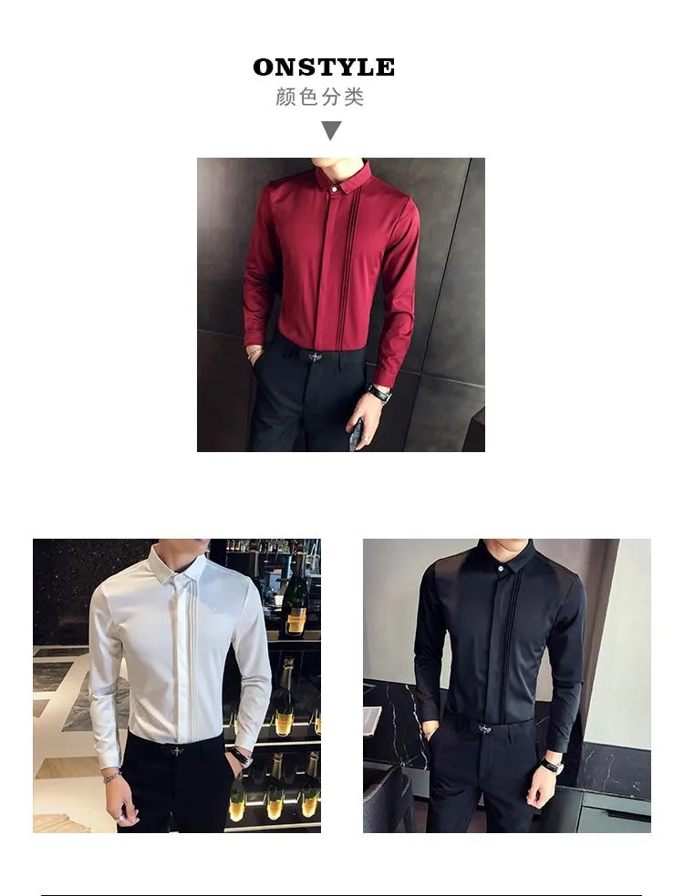 Spring Simple Fashion Men's Front Folds Design Slim Fit Long Sleeves Shirt