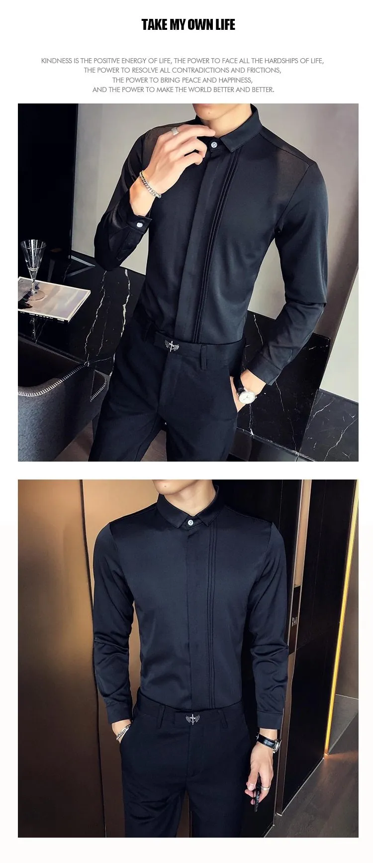 Spring Simple Fashion Men's Front Folds Design Slim Fit Long Sleeves Shirt