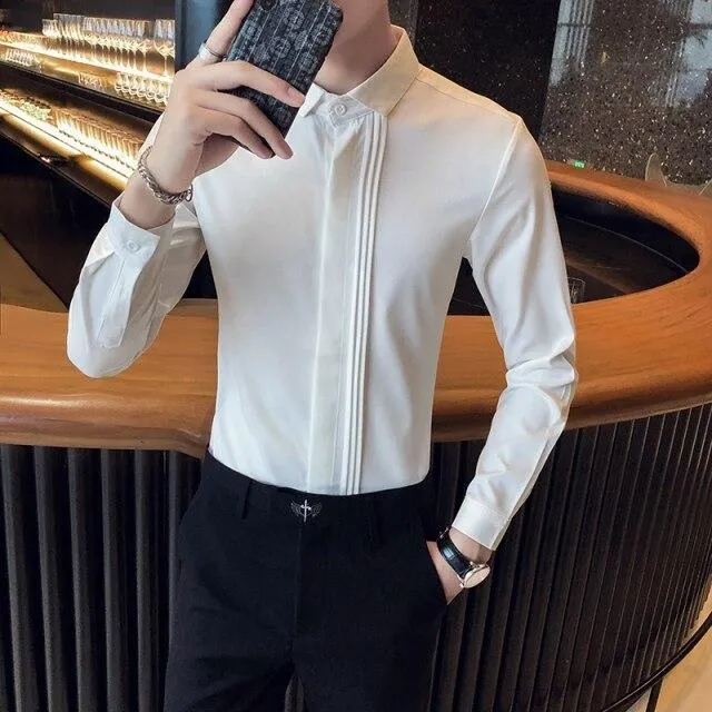 Spring Simple Fashion Men's Front Folds Design Slim Fit Long Sleeves Shirt