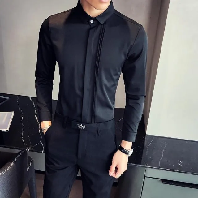 Spring Simple Fashion Men's Front Folds Design Slim Fit Long Sleeves Shirt