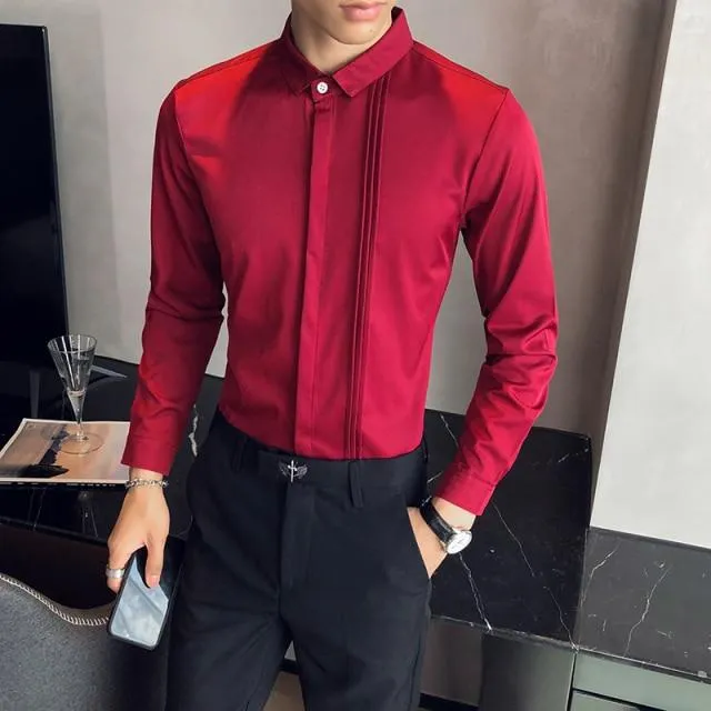 Spring Simple Fashion Men's Front Folds Design Slim Fit Long Sleeves Shirt