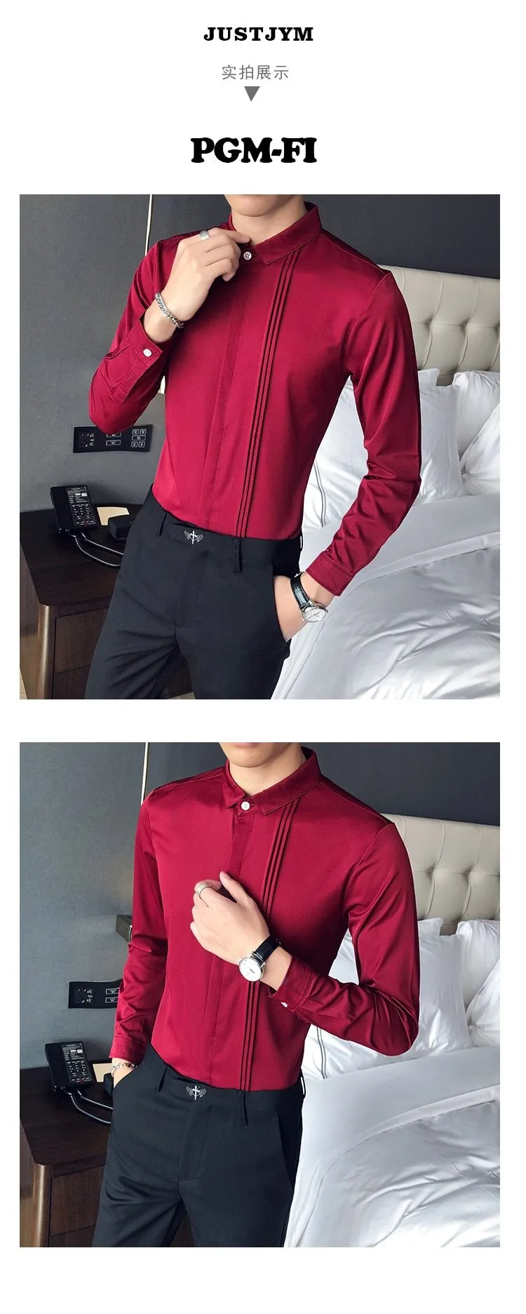 Spring Simple Fashion Men's Front Folds Design Slim Fit Long Sleeves Shirt