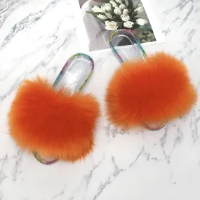 Summer Fashion Casual Orange Synthetic Fur Slides Slippers for Women