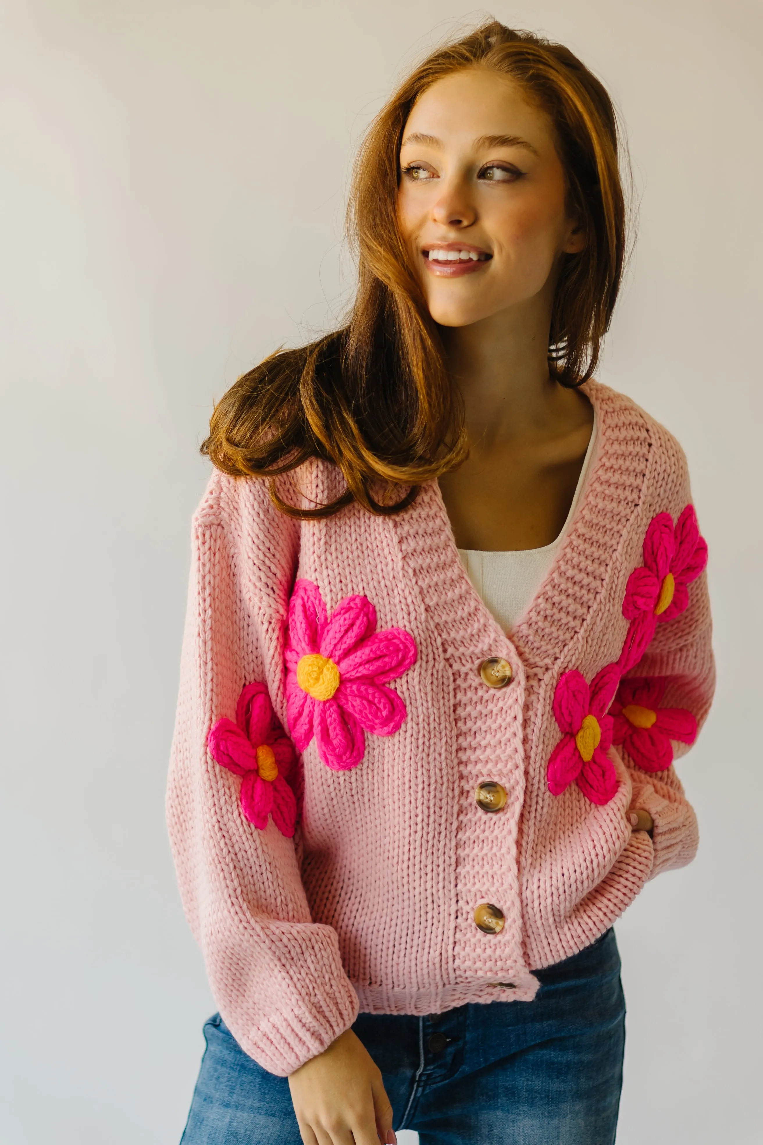 The Treft Floral Knit Cardigan in Pink