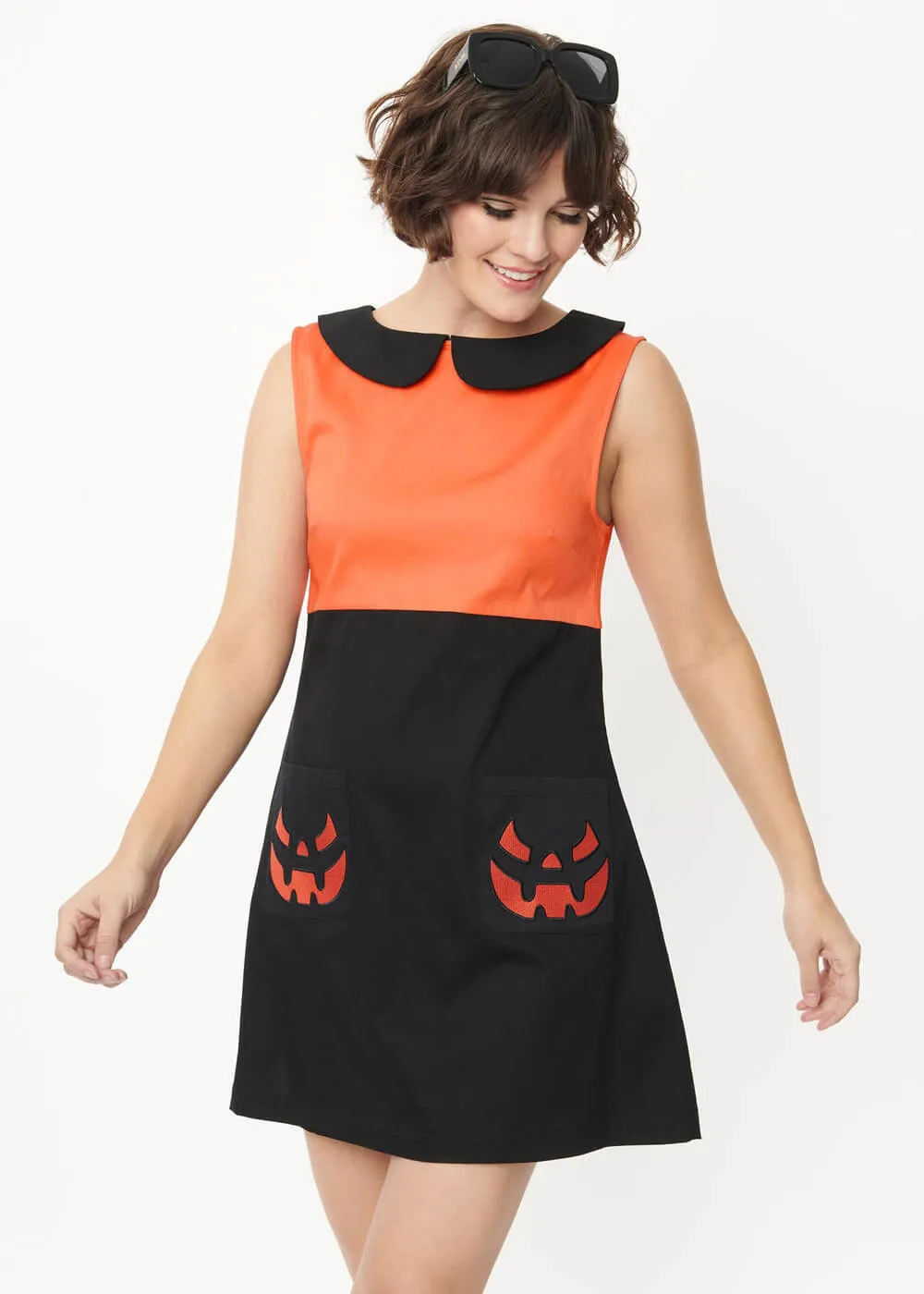 Unique Vintage Smak Parlor Pumpkin Power 60's Mini Dress Black Orange