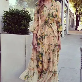 V-Neck Chiffon Floral Dress