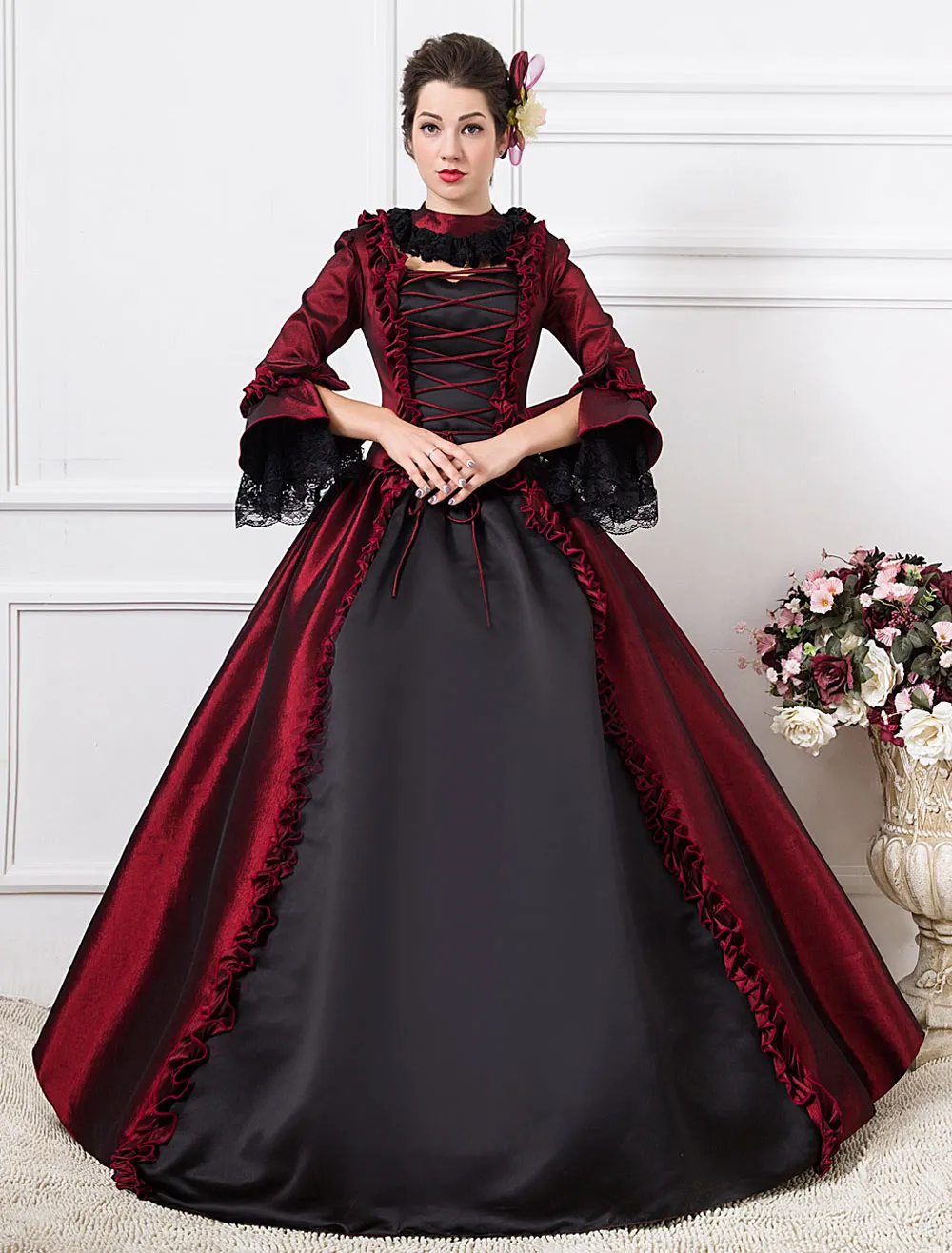 Victorian Retro Tudor Dress  Costume Women's Dark Red Victorian era Clothing Half Sleeves Ball Gown  Retro Tudor Dress Costumes 