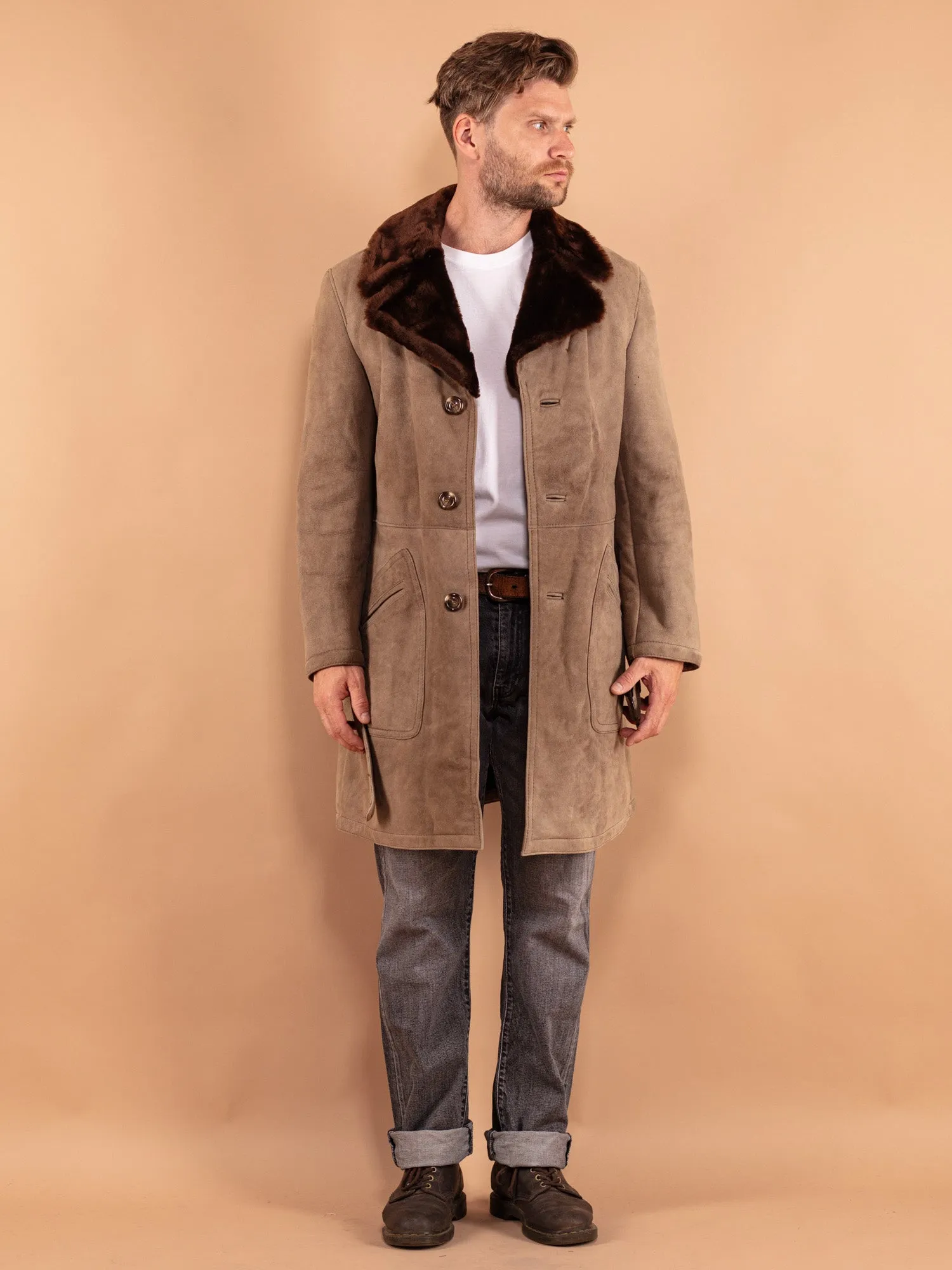 Vintage 70's Men Belted Sheepskin Coat in Beige