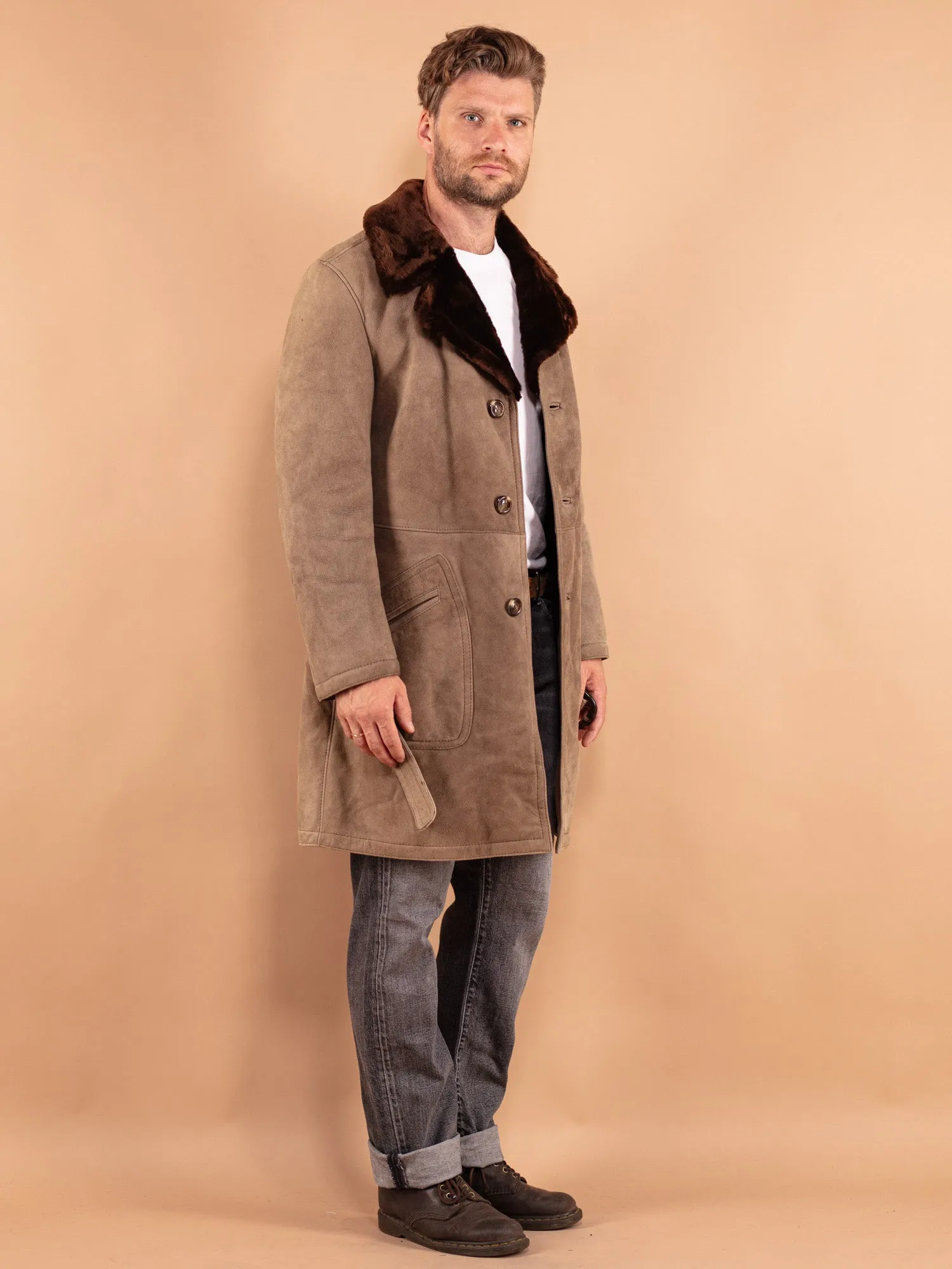 Vintage 70's Men Belted Sheepskin Coat in Beige