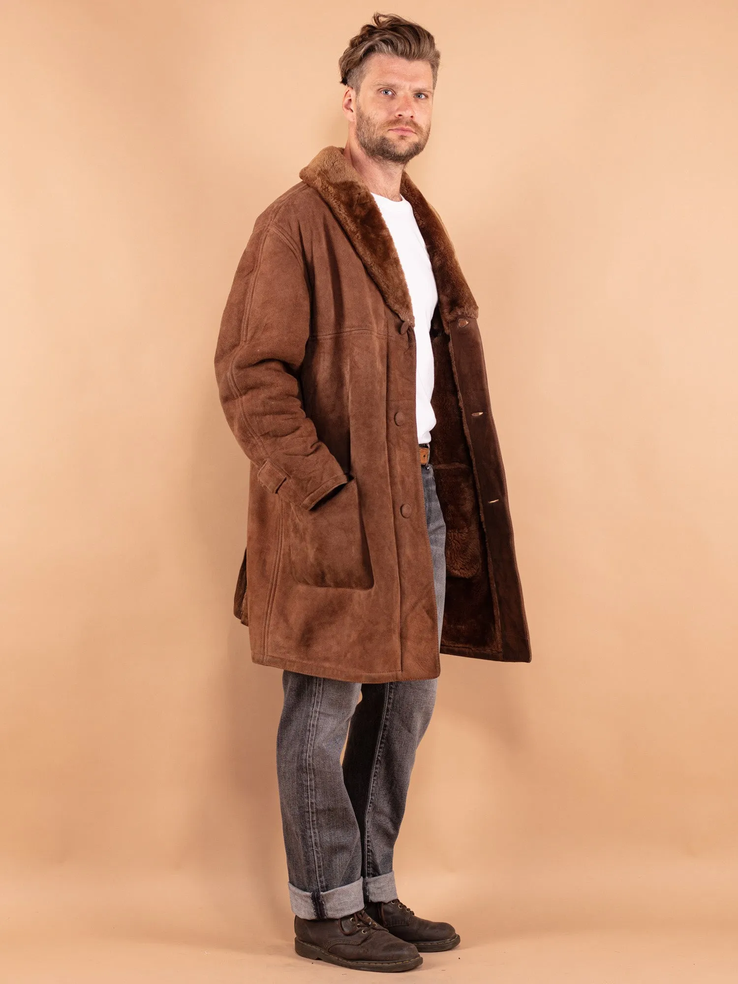 Vintage 70's Men Oversized Sheepskin Coat in Brown