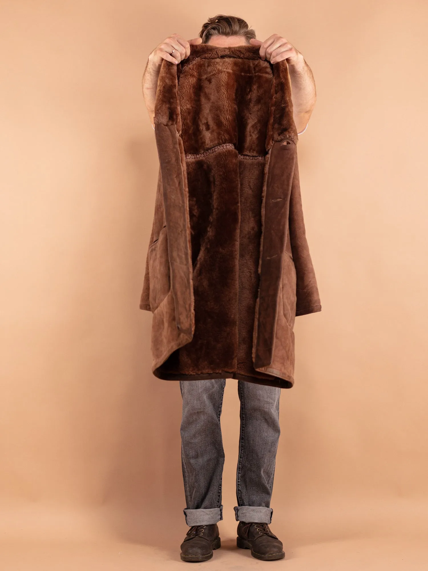 Vintage 70's Men Oversized Sheepskin Coat in Brown