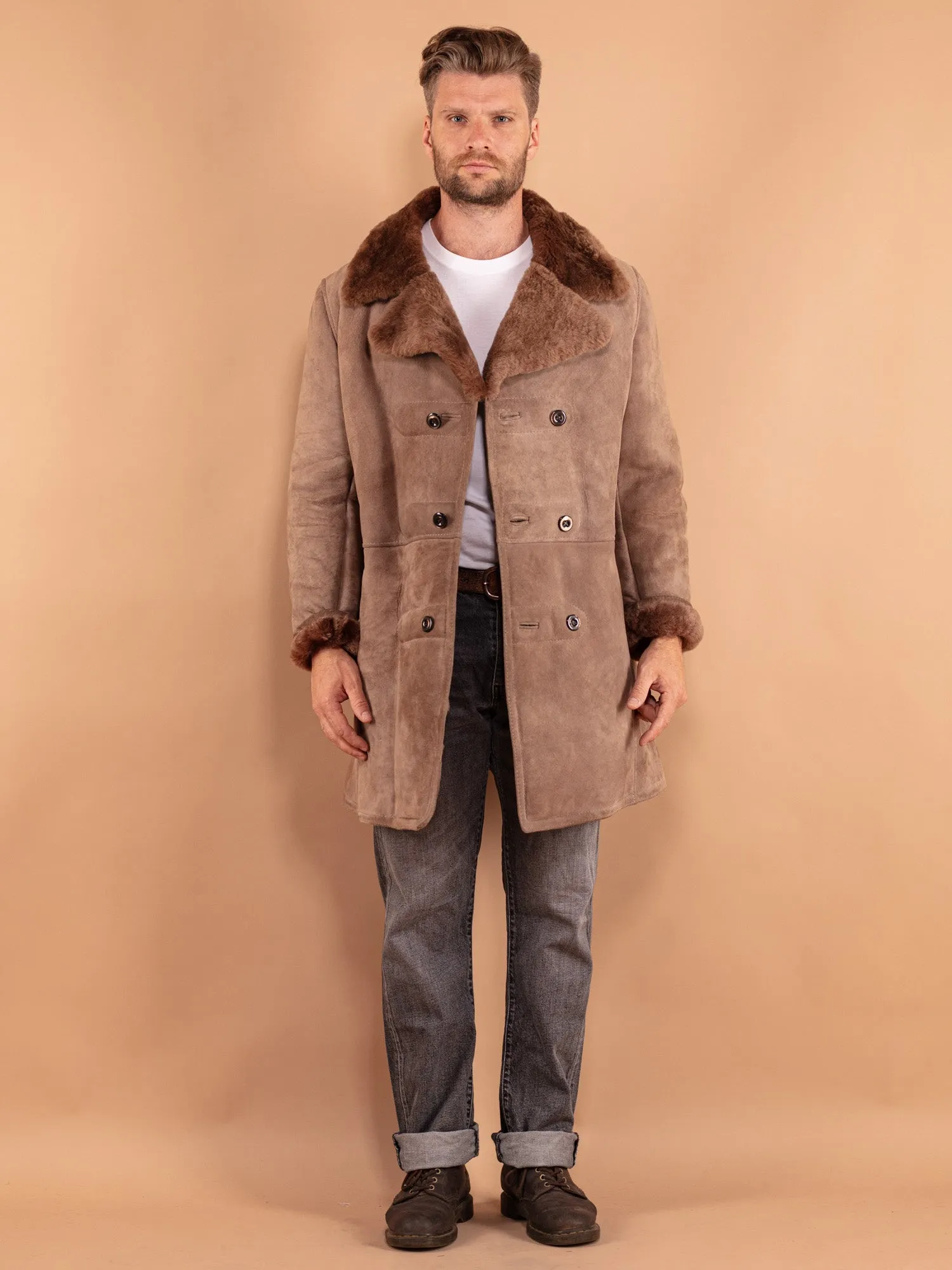 Vintage 70's Men Sheepskin Coat in Beige