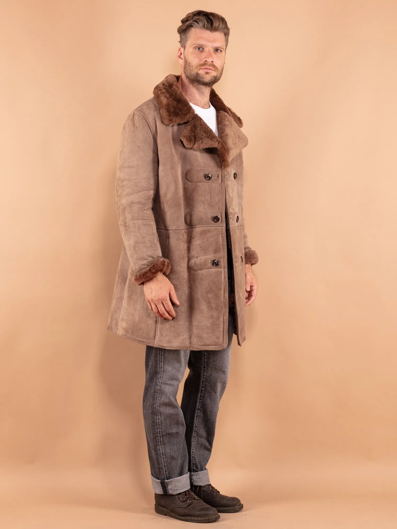 Vintage 70's Men Sheepskin Coat in Beige