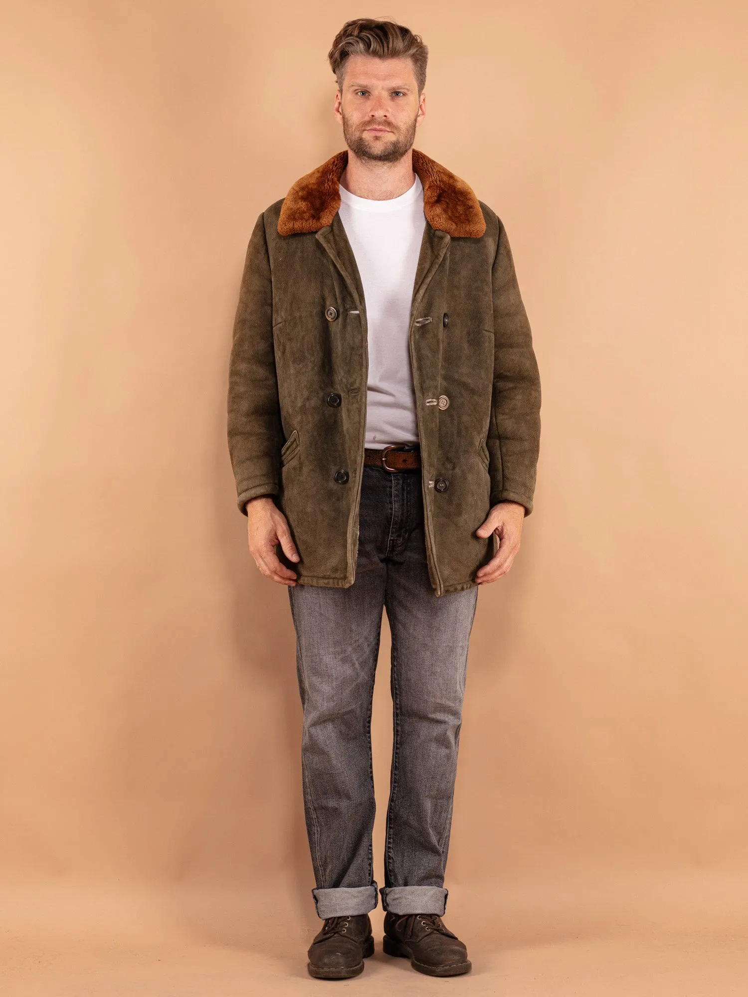 Vintage 70's Men Sheepskin Coat in Green