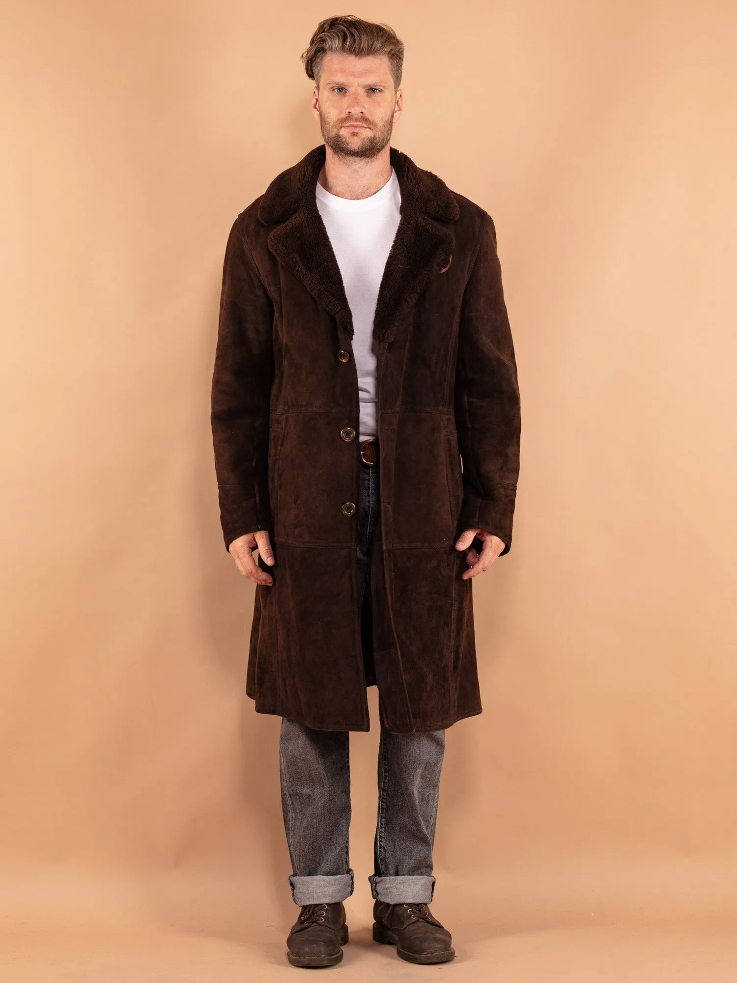 Vintage 70's Men Sheepskin Long Coat in Brown