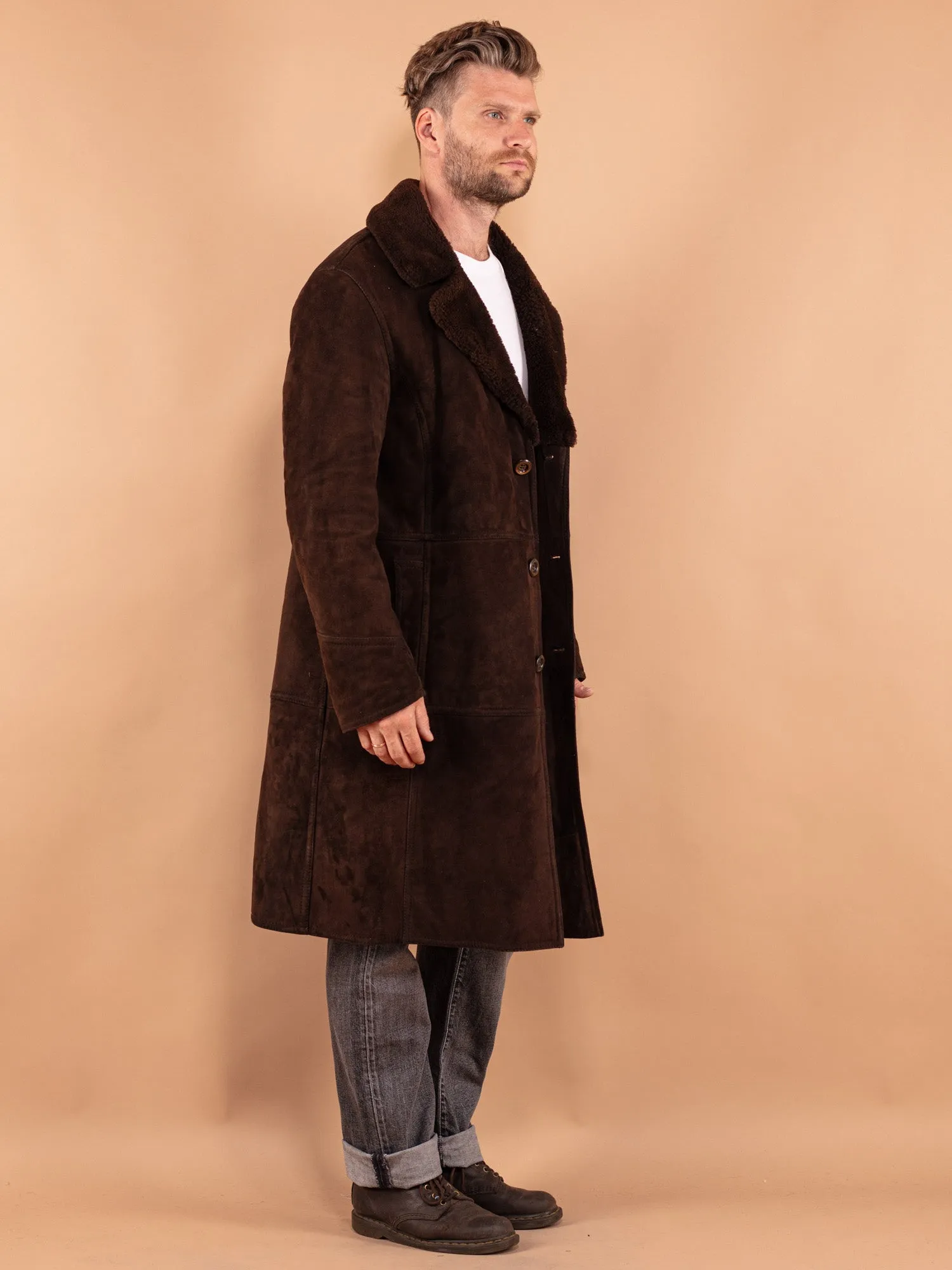 Vintage 70's Men Sheepskin Long Coat in Brown