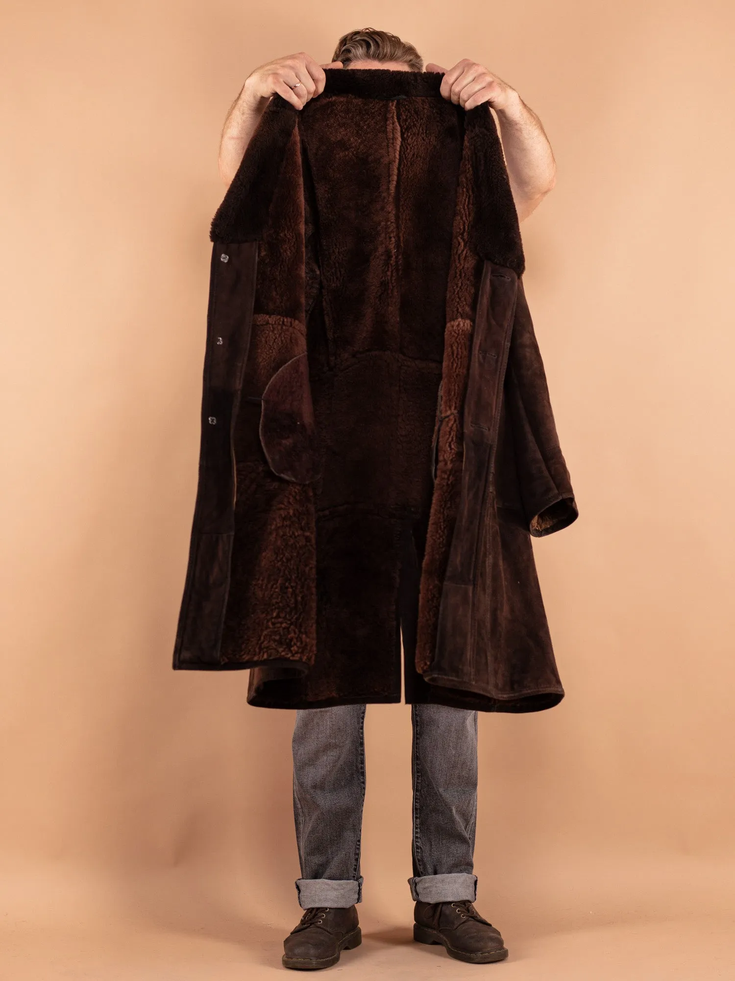 Vintage 70's Men Sheepskin Long Coat in Brown