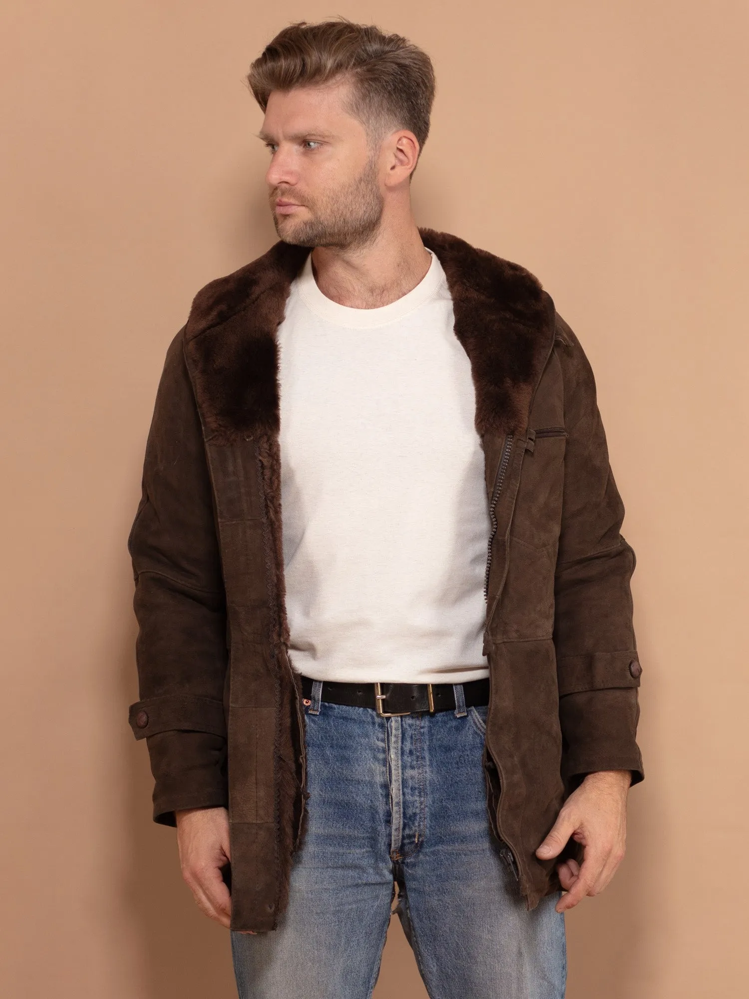 Vintage 70's Men Zip Up Sheepskin Coat in Brown