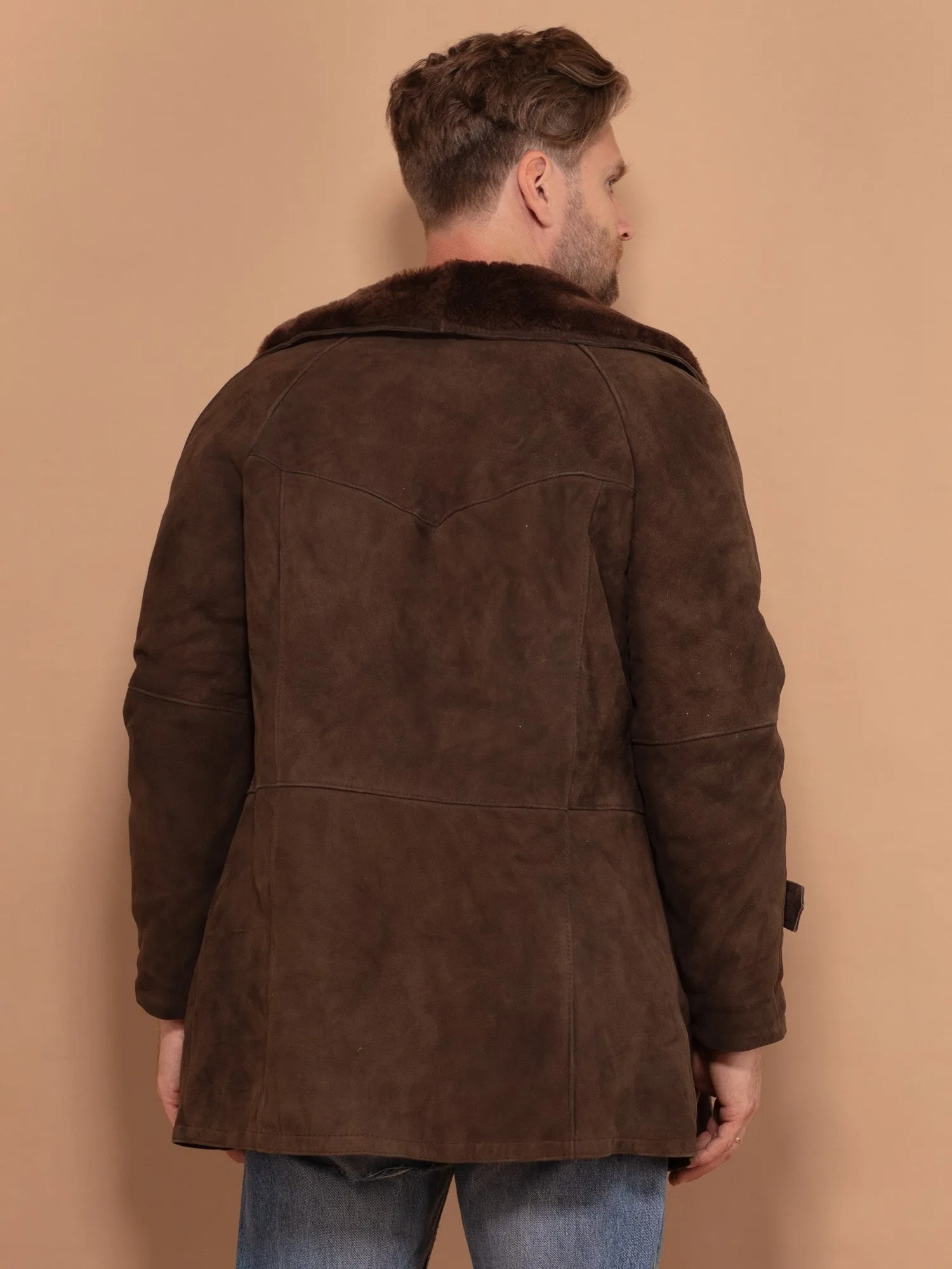 Vintage 70's Men Zip Up Sheepskin Coat in Brown